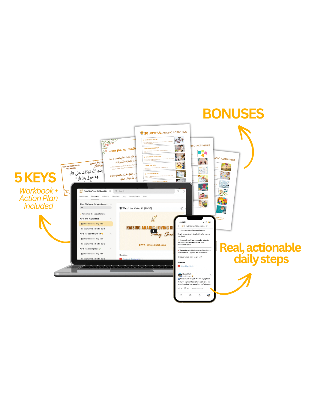 The challenge on laptop and phone, with the workbook, action plan and bonus resources
